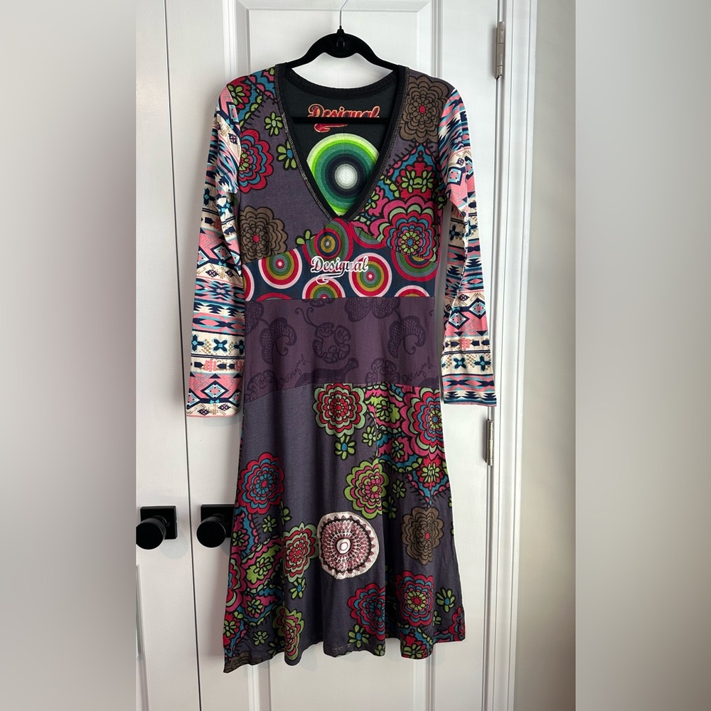 Desigual Women’s Multicolored Funky V Neck Long Sleeve Dress Size M